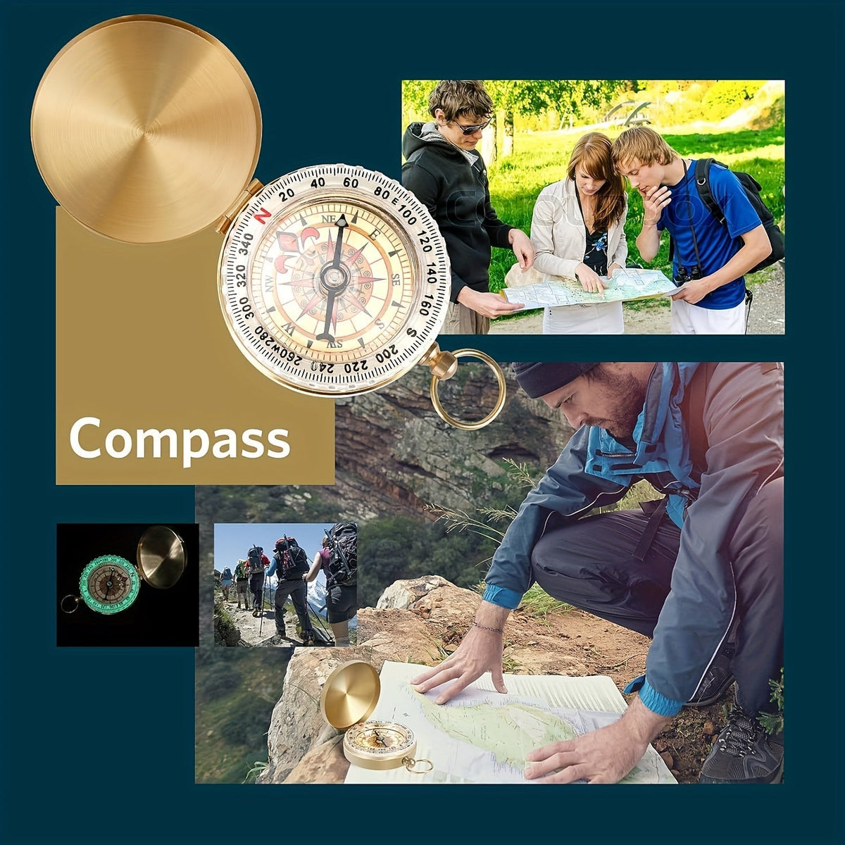 Collage of people using a compass with a close-up of a compass on a blue background.