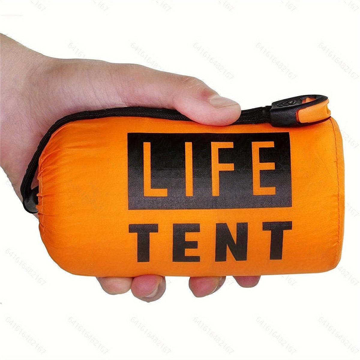 Orange 'LIFE TENT' package held by a hand on a white background