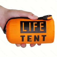 Orange 'LIFE TENT' package held by a hand on a white background