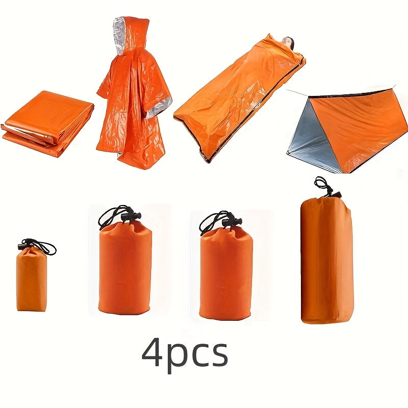 Set of orange emergency blankets and bags on a white background
