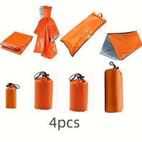 Set of orange emergency blankets and bags on a white background