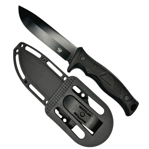 Black knife with sheath on a white background