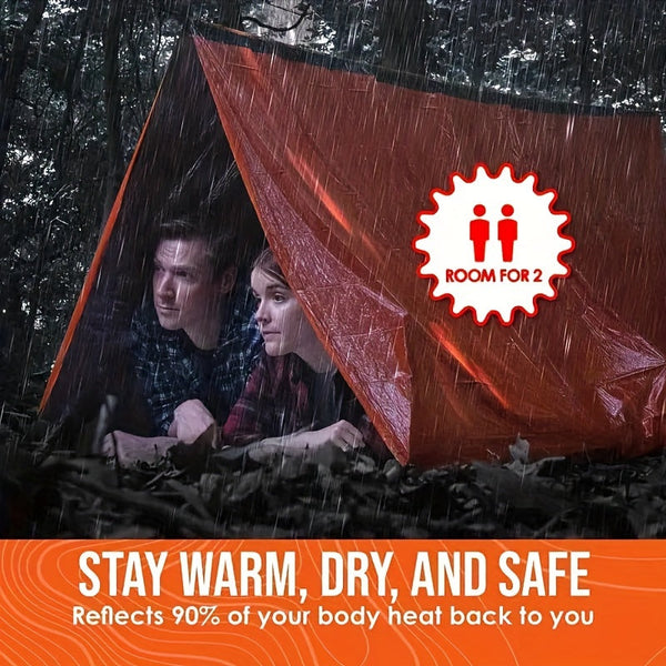 Two people sheltering under a red rain poncho with text 'Room for 2' and 'Stay Warm, Dry, and Safe'.