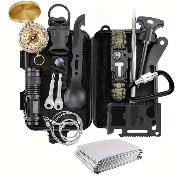Collection of survival tools including a compass, knife, and multitool on a white background