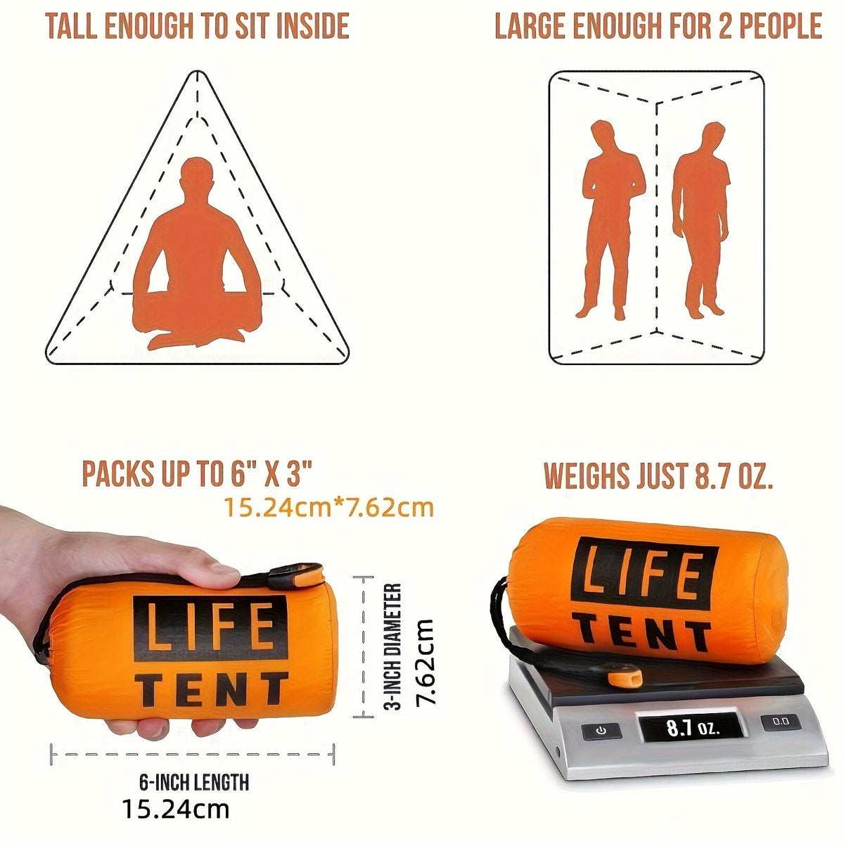 Orange LIFE TENT with measurements and features on a white background