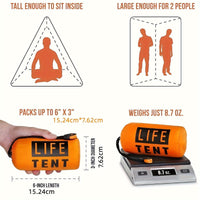 Orange LIFE TENT with measurements and features on a white background