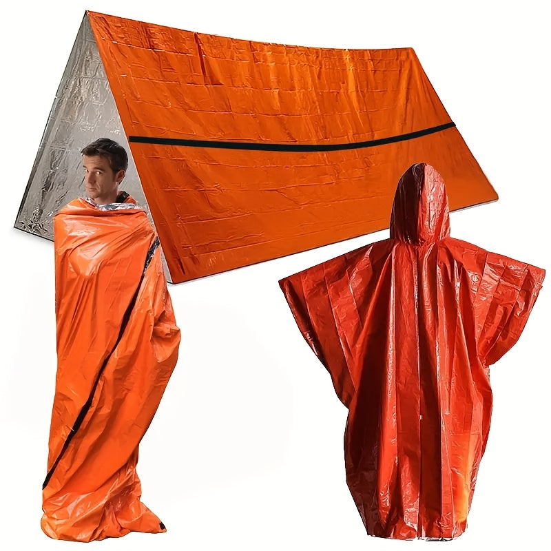 Orange emergency blanket and poncho set with a person wearing the poncho.