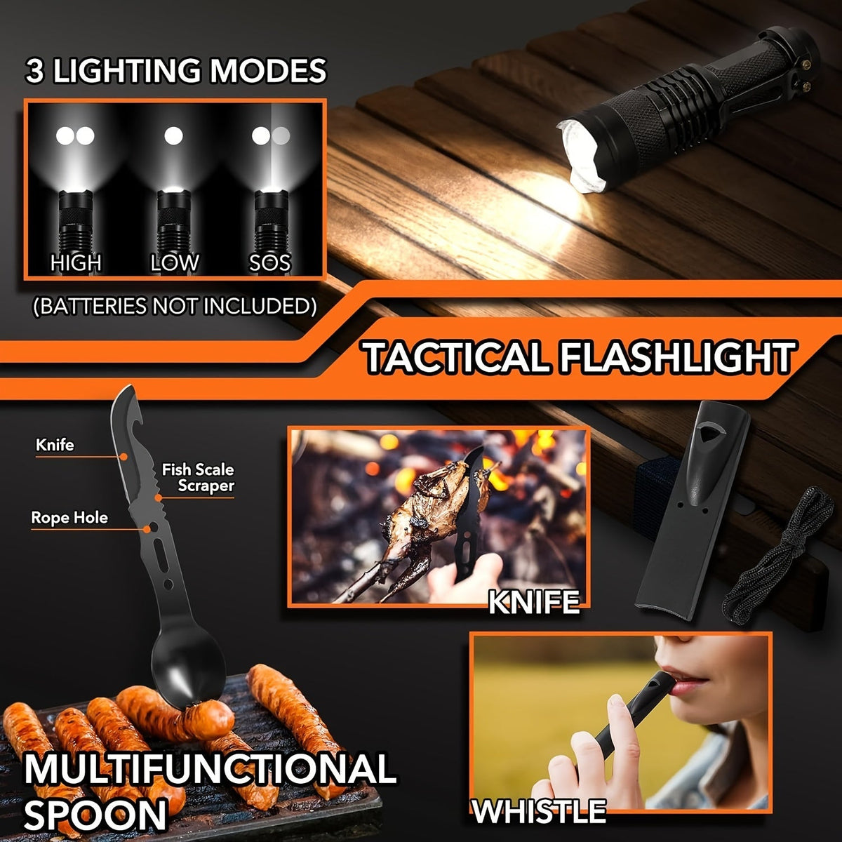 Tactical flashlight with knife, fish scale scraper, spoon, and whistle on a dark background