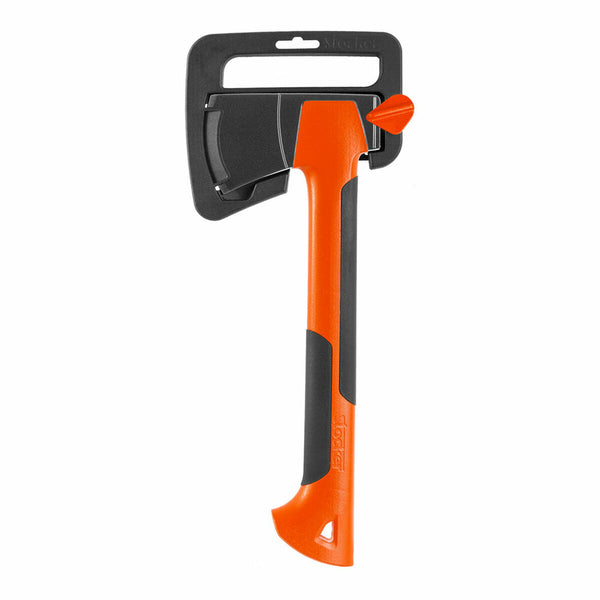 Orange axe with black handle on a white background