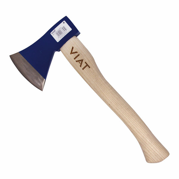 Wooden axe with blue head and 'VIAT' branding on a white background