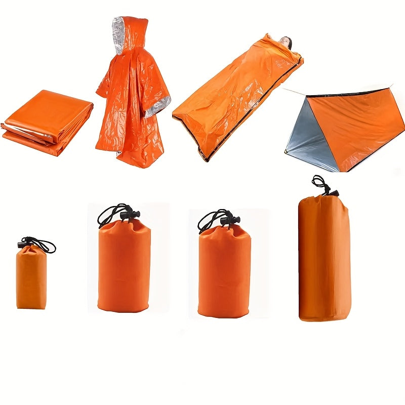 Collection of orange emergency blankets and bags on a white background