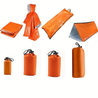 Collection of orange emergency blankets and bags on a white background