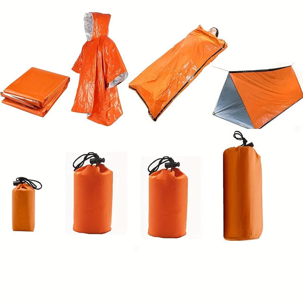 Collection of orange emergency blankets and bags on a white background