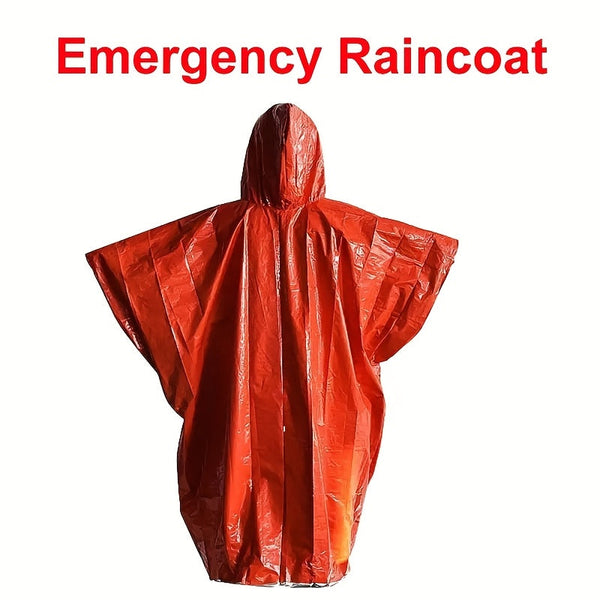 Red emergency raincoat with text 'Emergency Raincoat' on a white background