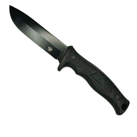 Black knife with a textured blade on a white background