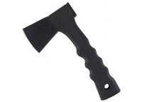 Black axe with a textured handle on a white background