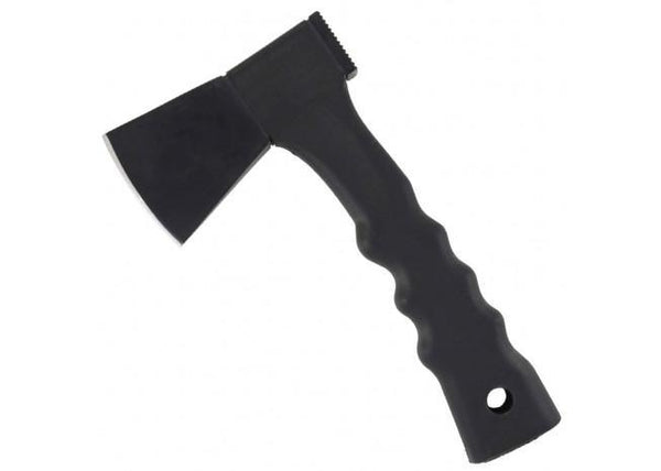Black axe with a textured handle on a white background