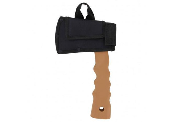 Black axe sheath with a brown wooden handle on a white background