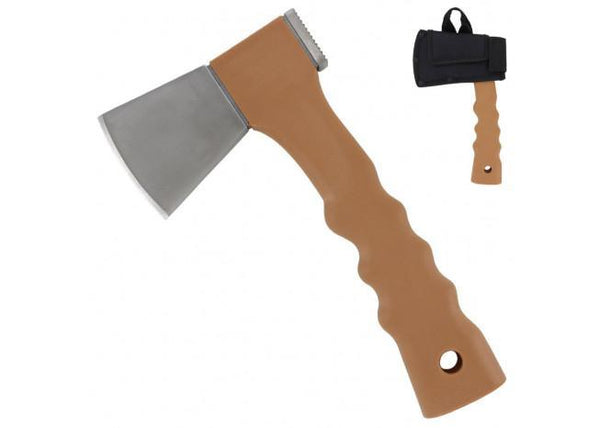 Toy axe with a brown handle and silver blade on a white background