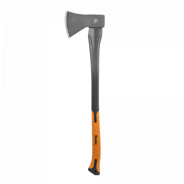 Hatchet with black handle and orange blade on a white background