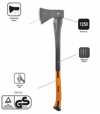 Fiskars axe with features highlighted on a white background