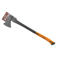 Axes with orange handles and gray blades on a white background