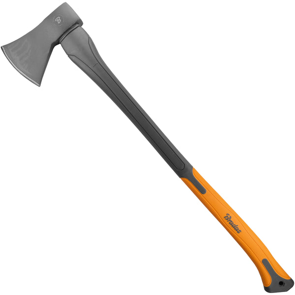 Axes with gray heads and orange handles on a white background