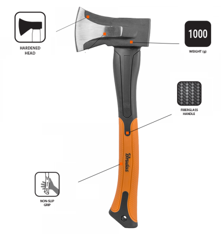 Felling axe with features highlighted on a white background