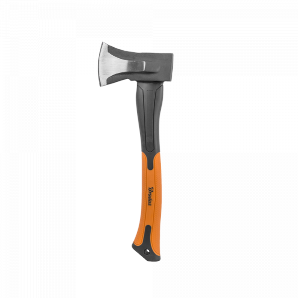 Felling axe with orange and black handle on a white background