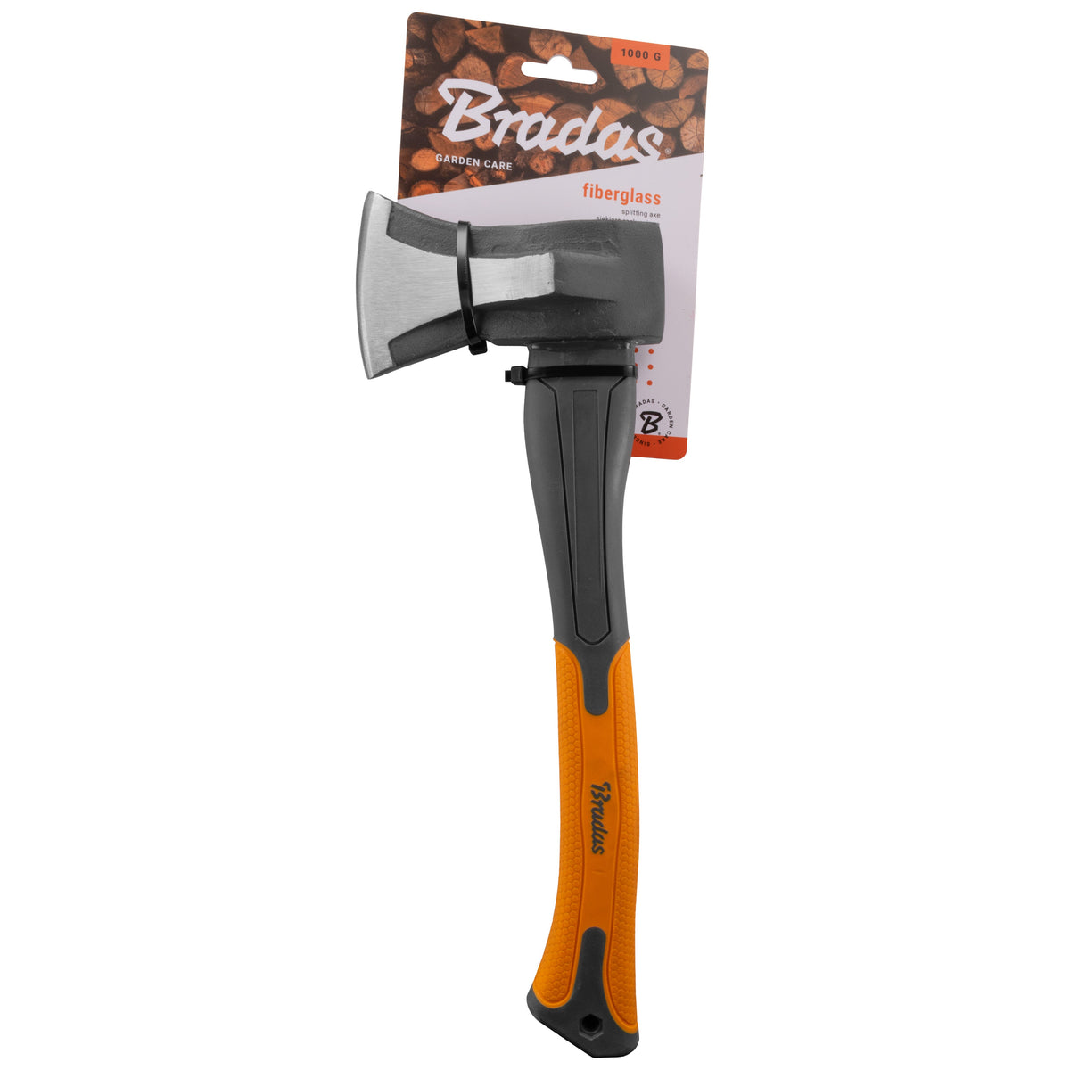 Axes with orange handles and black accents on a white background