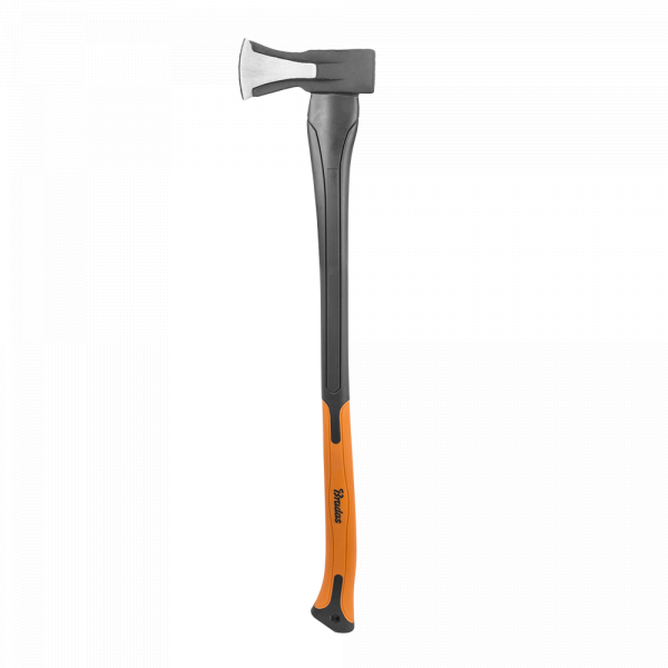Felling axe with orange handle on a white background