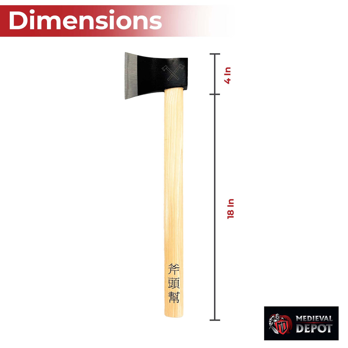 Small axe with dimensions labeled on a white background, featuring the 'Medieval Depot' logo.
