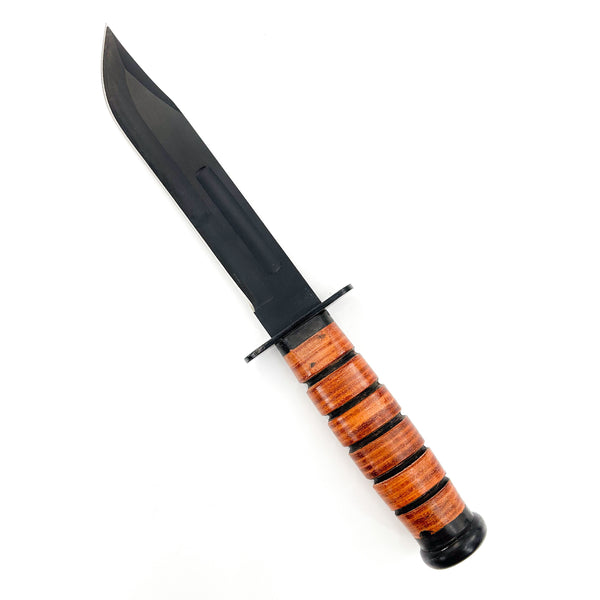 Knife with a black blade and wooden handle on a white background