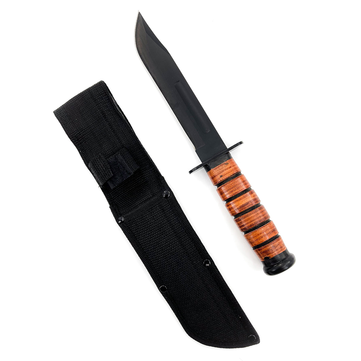 Knife with wooden handle and black sheath on a white background