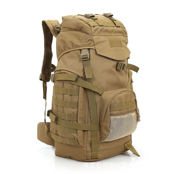 Tan tactical backpack on a white background