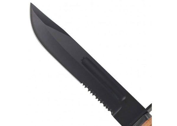 Black knife with a serrated edge on a white background