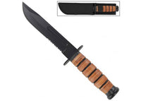 Knife with wooden handle and black blade on a white background