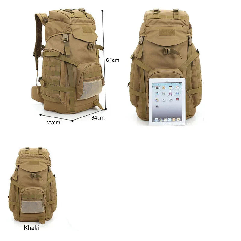 Khaki backpack with dimensions and an iPad for scale on a white background