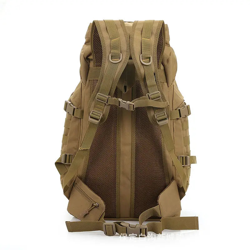 Tan backpack with multiple straps and buckles on a white background