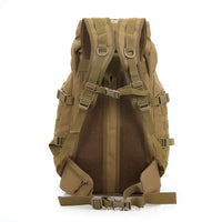 Tan backpack with multiple straps and buckles on a white background
