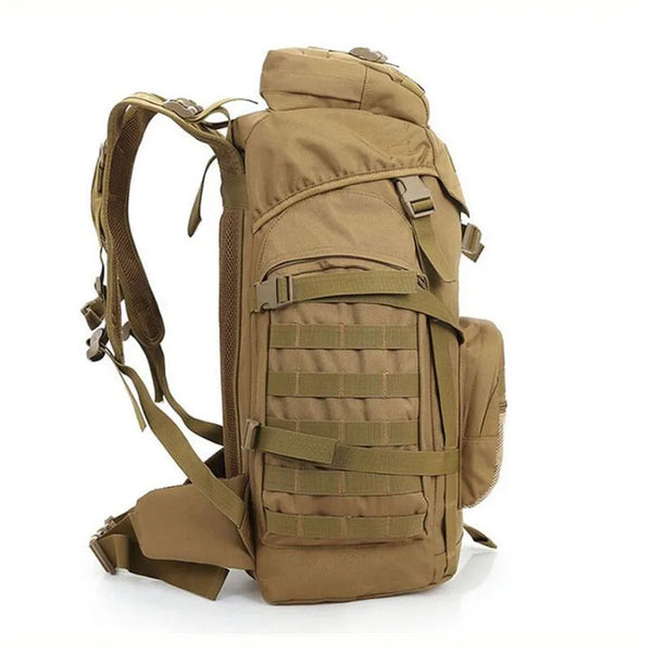 Tan tactical backpack on a white background