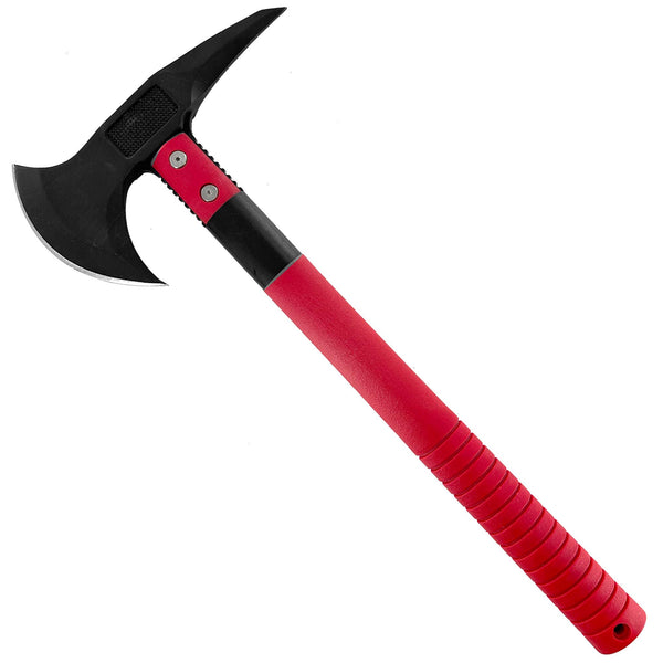 Black axe with a red handle on a white background