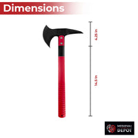 Tomahawk with red handle and black head, shown with measurements on a white background, featuring the Medieval Depot logo.