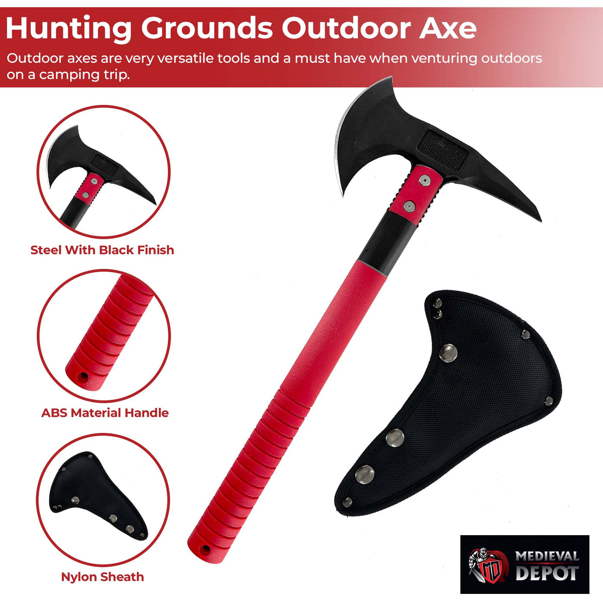 Hunting grounds outdoor axe with red handle and black blade, featuring Medieval Depot branding.