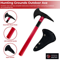 Hunting grounds outdoor axe with red handle and black blade, featuring Medieval Depot branding.
