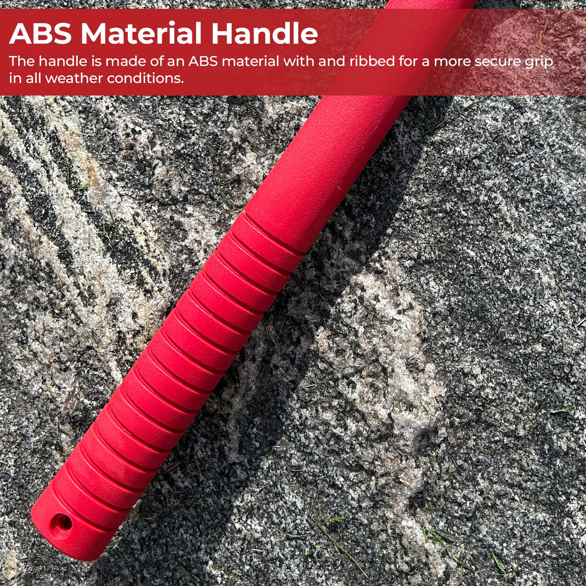 Red ABS material handle on a rocky surface with text about its features.
