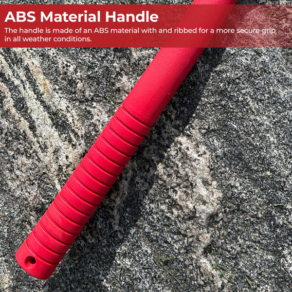 Red ABS material handle on a rocky surface with text about its features.