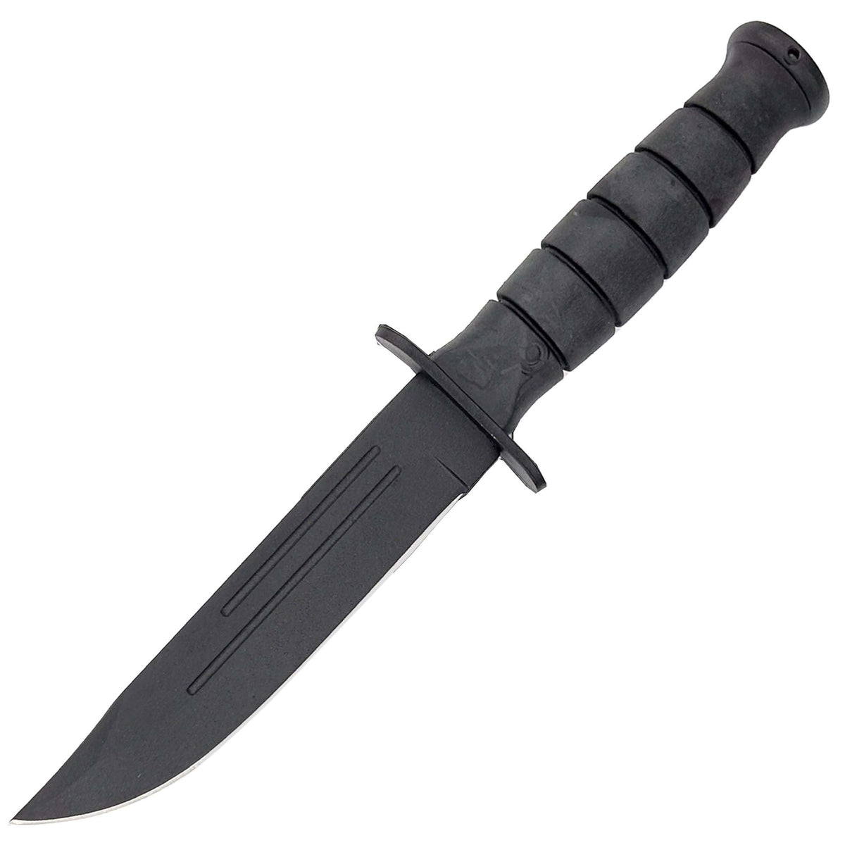 Black knife with a textured handle on a white background