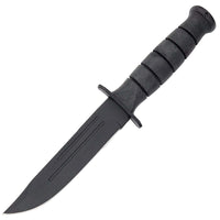 Black knife with a textured handle on a white background