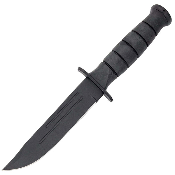 Black knife with a textured handle on a white background